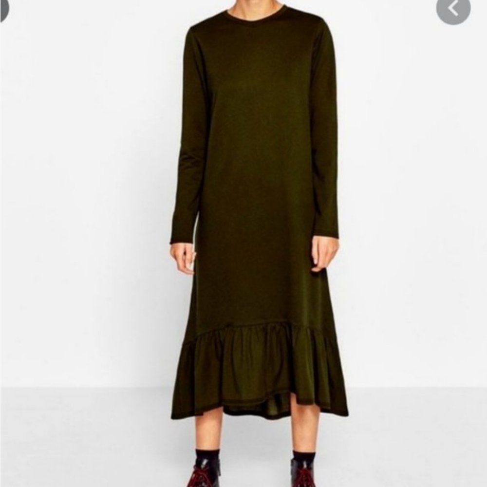 Zara Long Sleeve Flutter Hem Dress Black Small